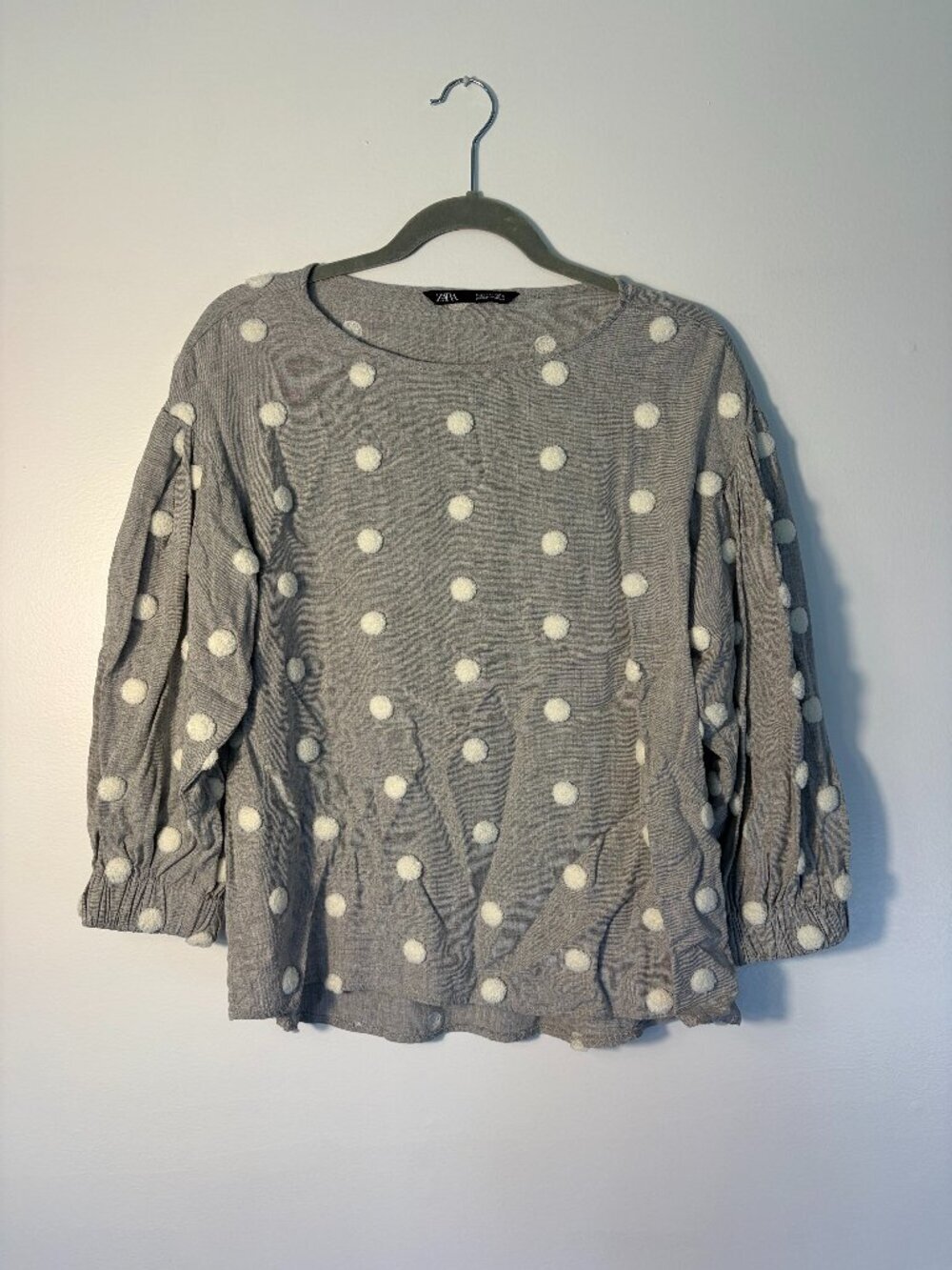 Zara Gray White Puff Polka Dot Balloon Sleeve Blouse